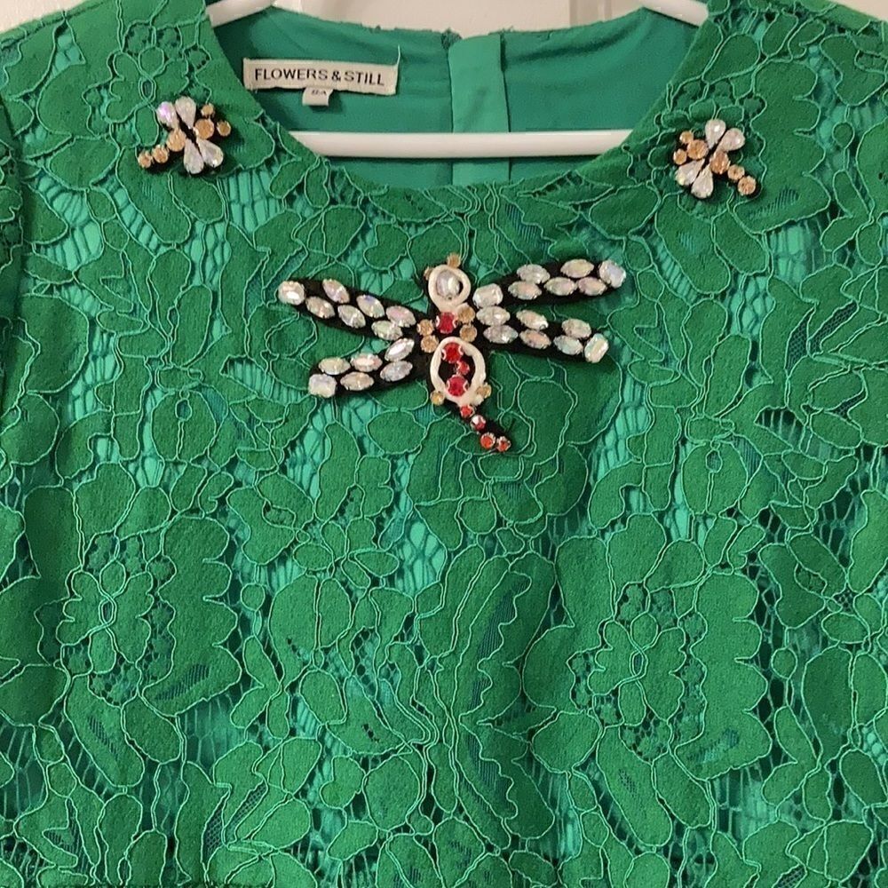 Flowers & Still Girls Green Lace Dress Embellished with a Crystal Firefly. Sz 8. - Picture 4 of 8